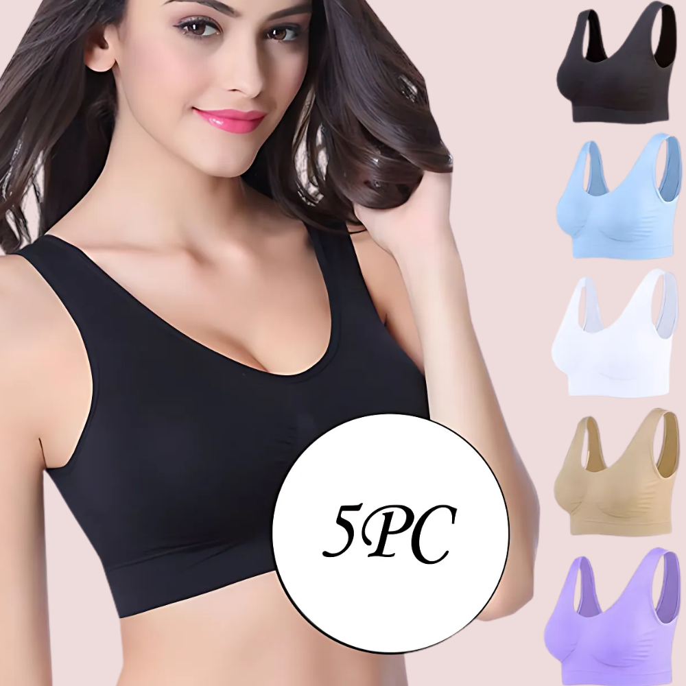 Woman wearing a black sports bra with color options displayed on a beige background