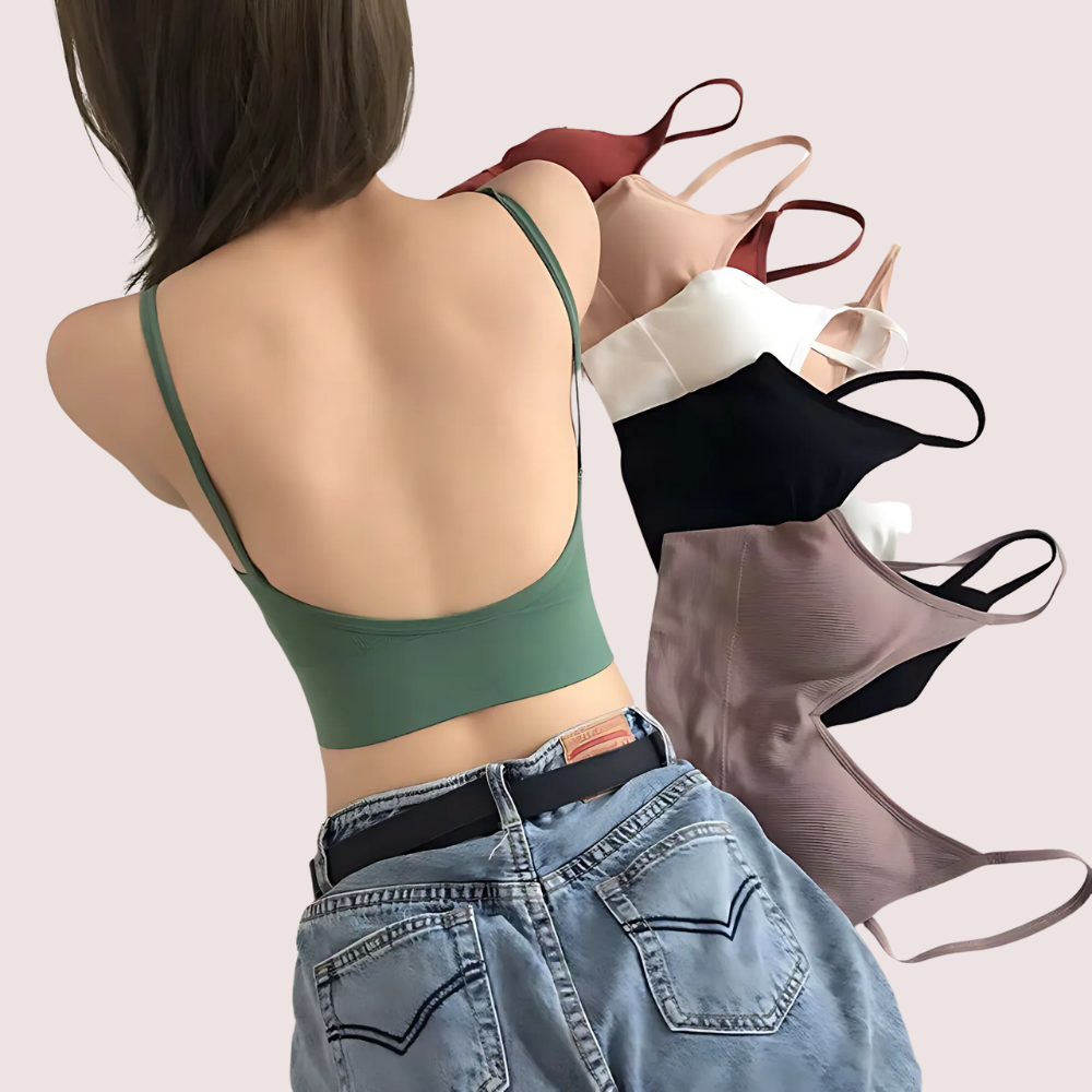 Woman wearing a green bralette with inset images of various bras on a light background