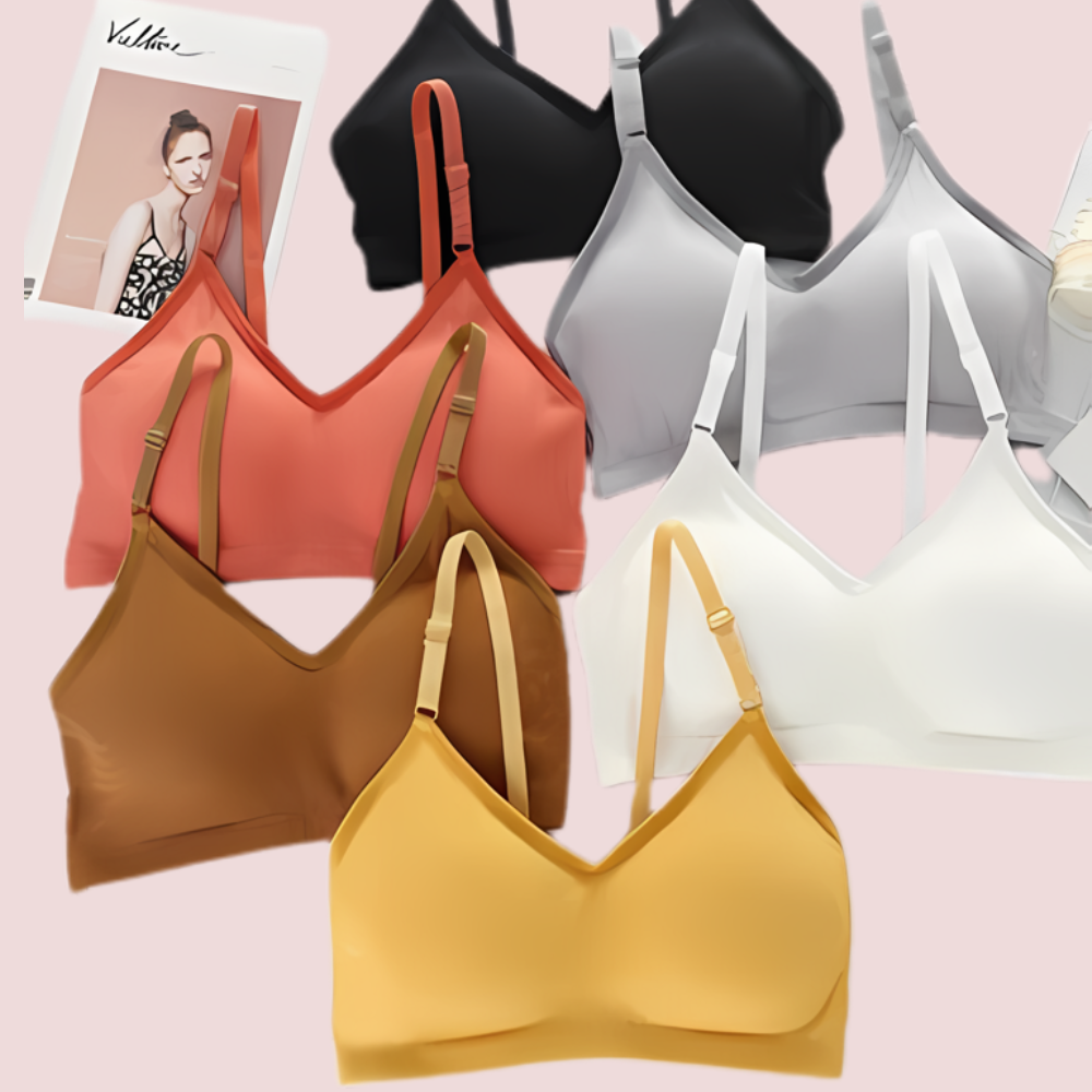 Collection of colorful bras on a pink background with a model photo.
