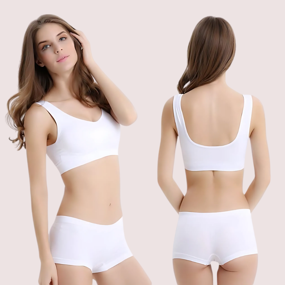 Woman wearing a white bra and panties set from front and back views on a beige background