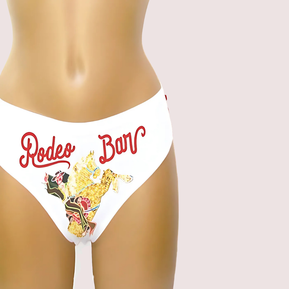 White underwear with 'Rodeo Bar' text and graphic design on a mannequin.