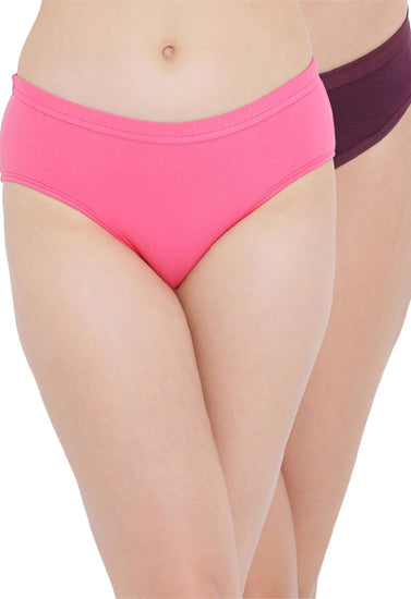 Two pairs of underwear, one pink and one purple, on a white background.