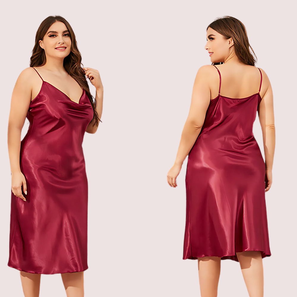 Woman wearing a burgundy satin slip dress, shown from front and back, on a light pink background.