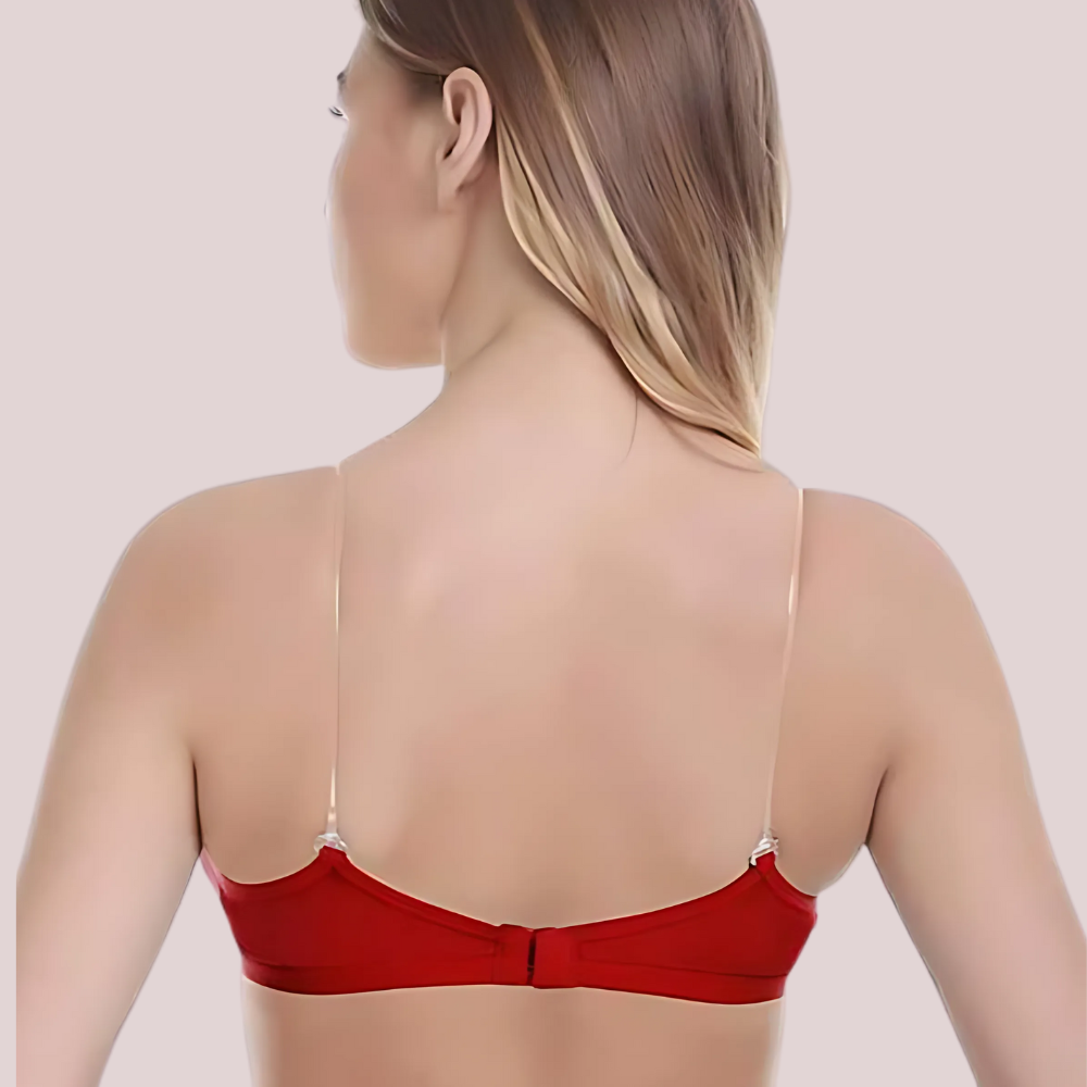 Red bra worn by a model back side image