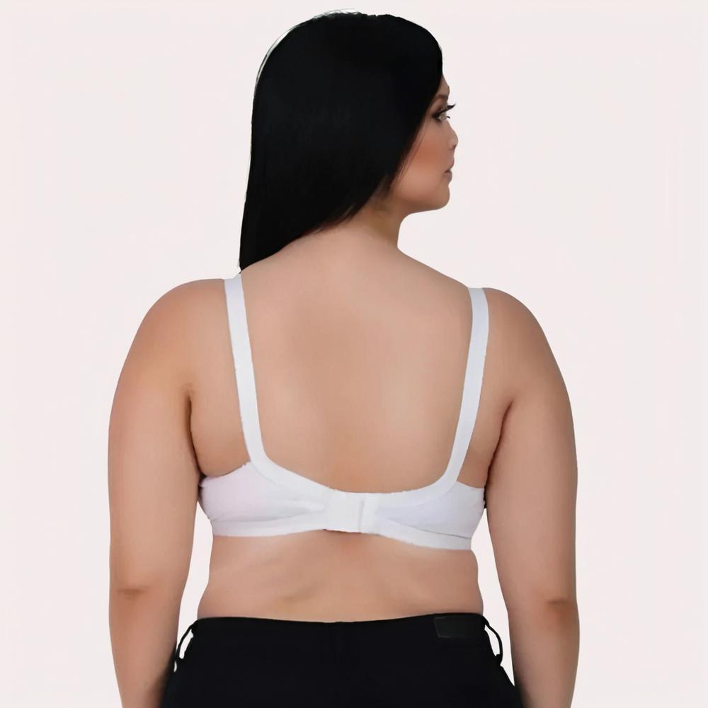 Woman wearing a white bra back side
