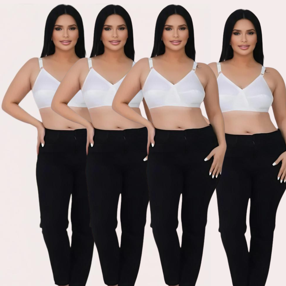 Four identical women wearing white bras 