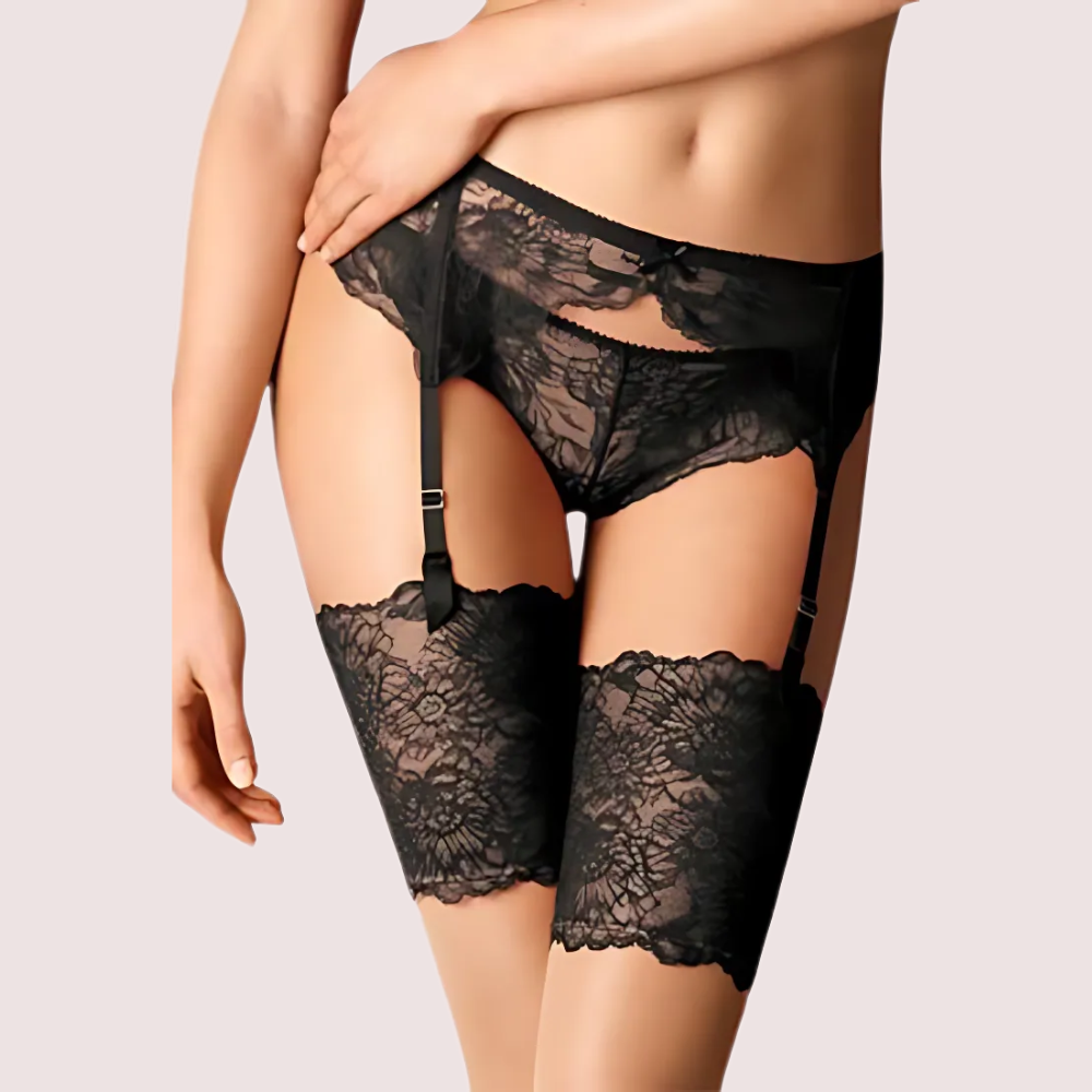 Seductive and sultry black lace garter belt featuring elegant premium lingerie styling for women