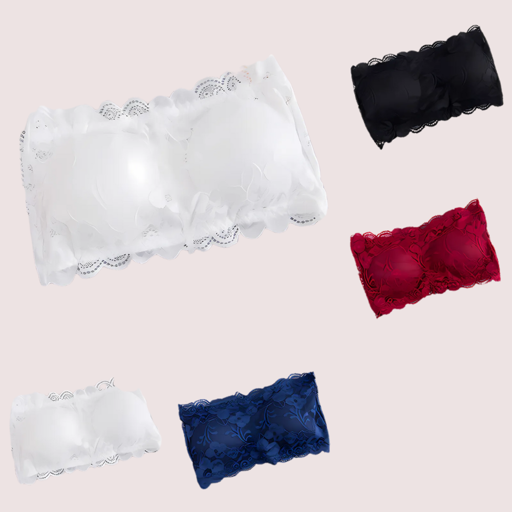 Set of lace-trimmed bras in various colors on a light pink background