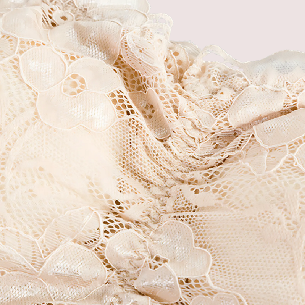 Close-up of beige lace fabric with floral patterns