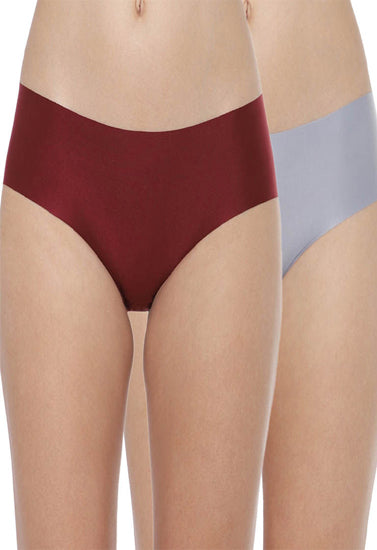 Two pairs of underwear, one red and one gray, on a white background.