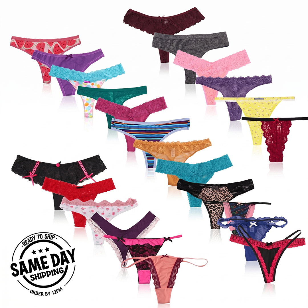 Assorted colorful women's lingerie on a white background with 'Same Day Shipping' stamp.