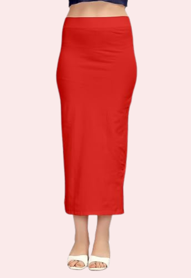 Red pencil skirt worn by a person on a white background