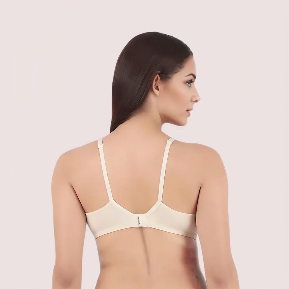 Woman wearing a beige bra back side
