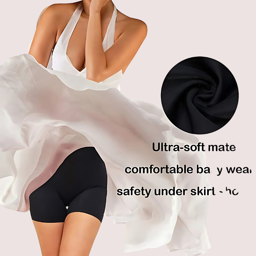 Black safety under skirt with fabric swatch and model wearing it on a light background