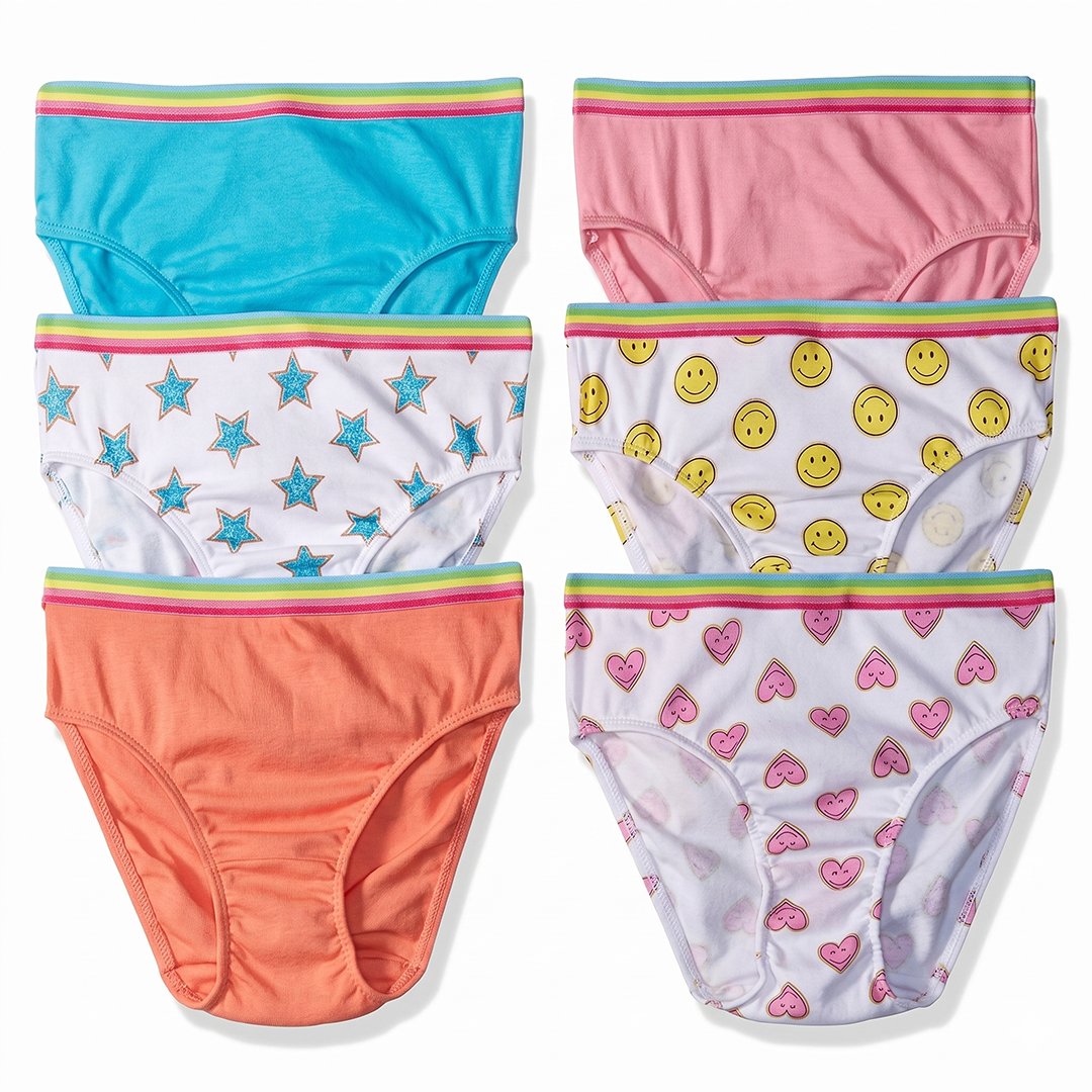 Five pairs of colorful underwear with different patterns on a white background