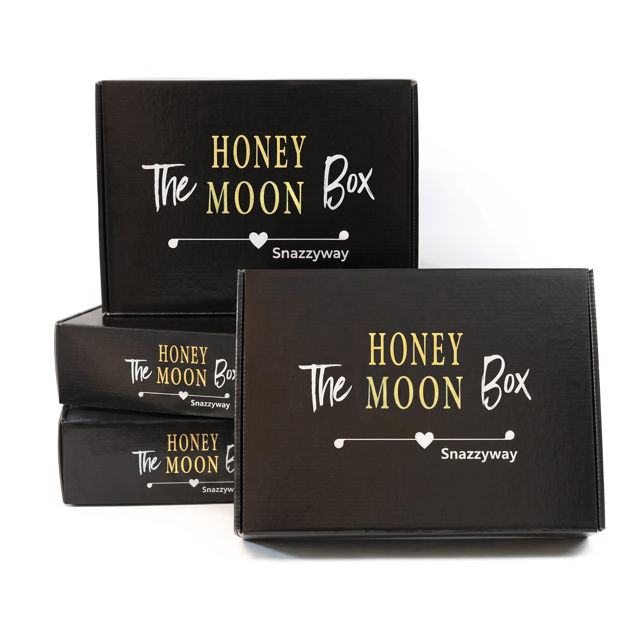 Black boxes with 'Honey Moon Box Snazzyway' text on a white background