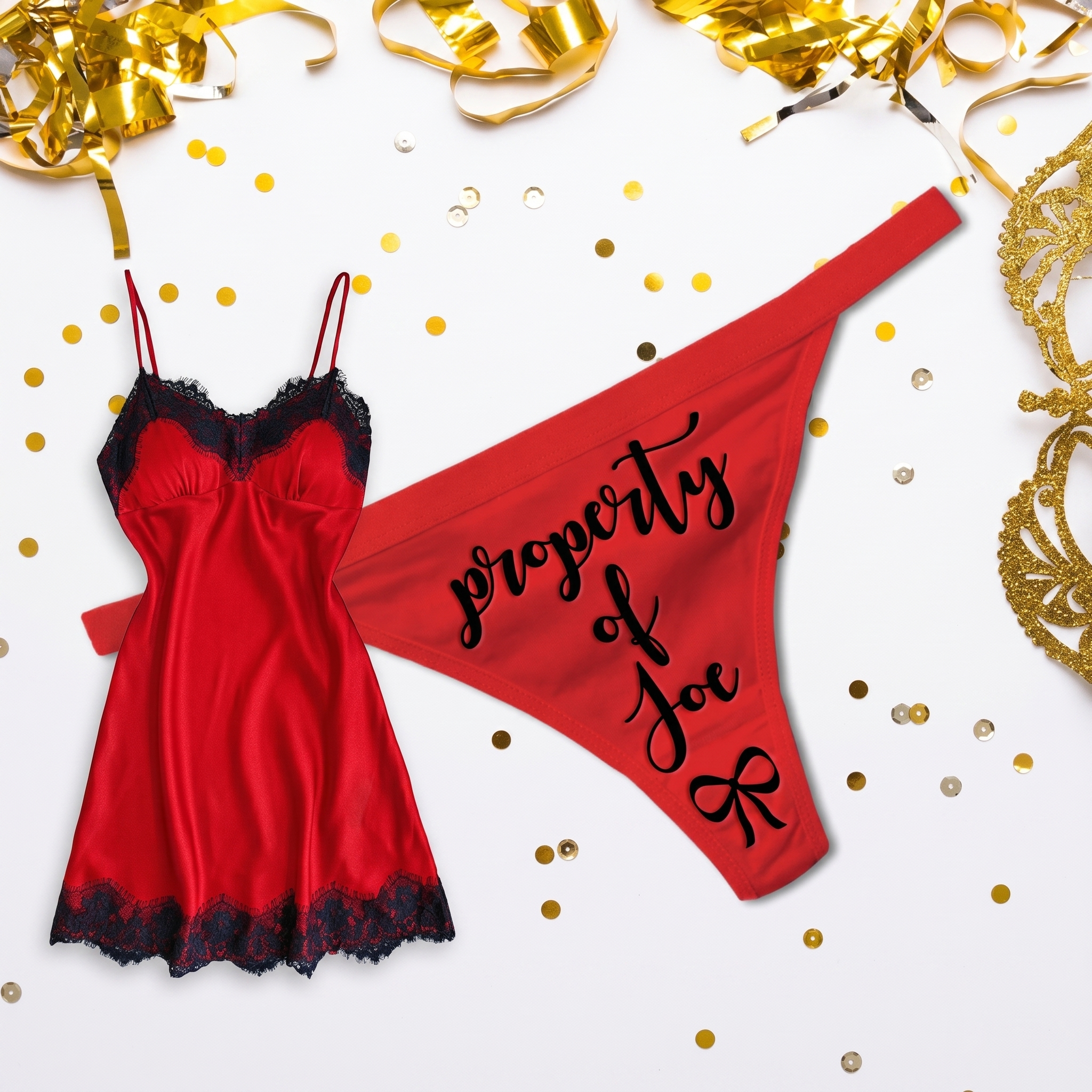 Red lingerie set with 'property of Jo' text on a white background with gold confetti and ribbons.