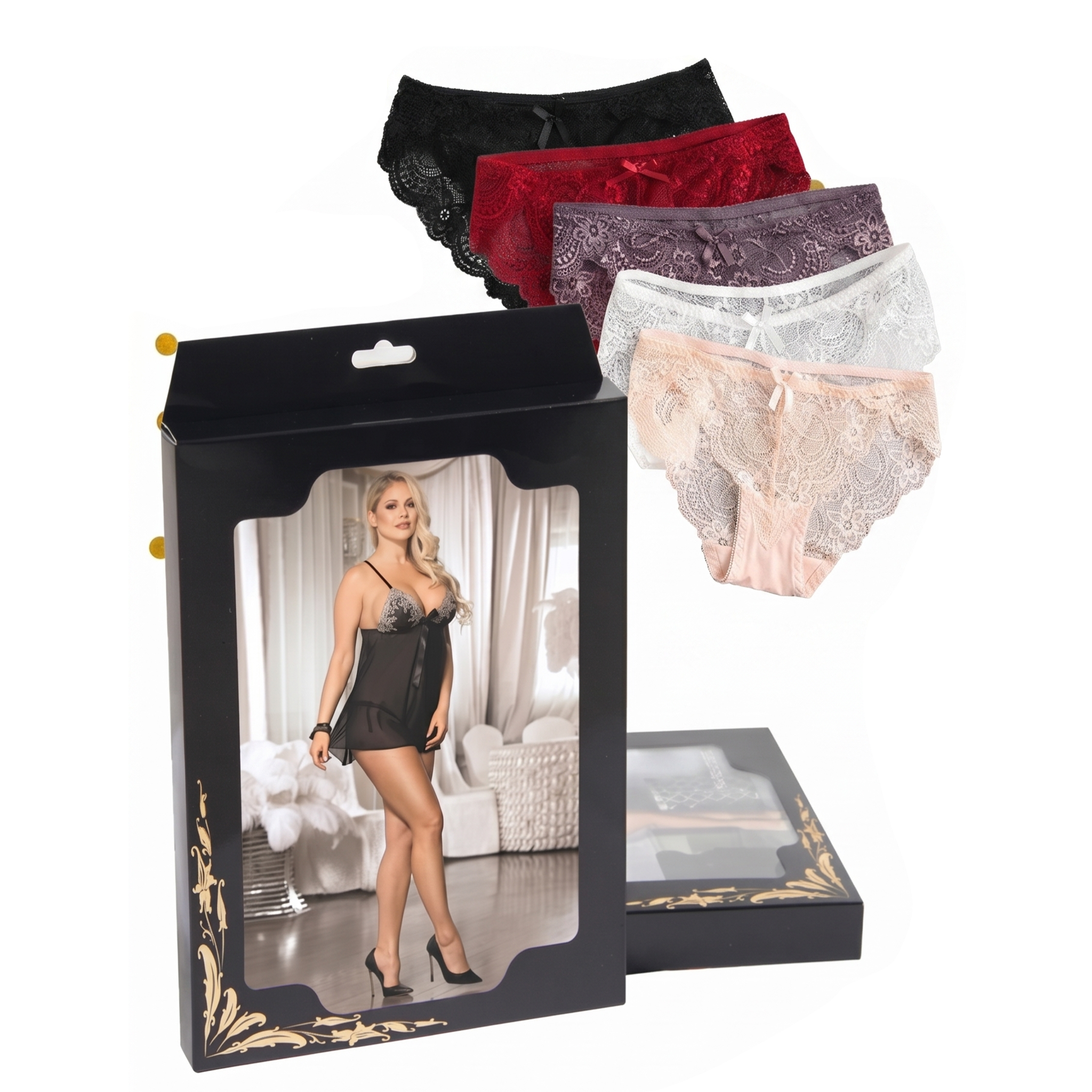Set of women's lingerie including panties and a box with a model in a bedroom setting.