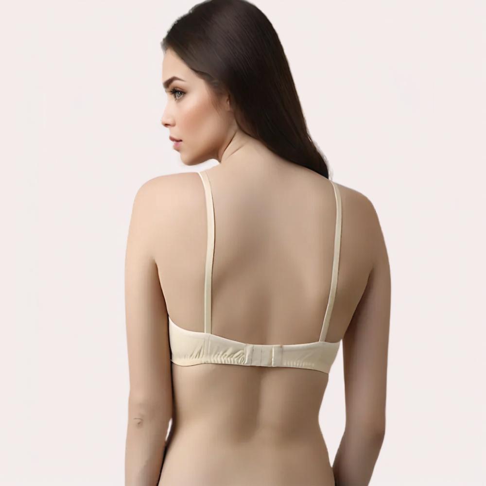 Woman wearing a beige bra back side