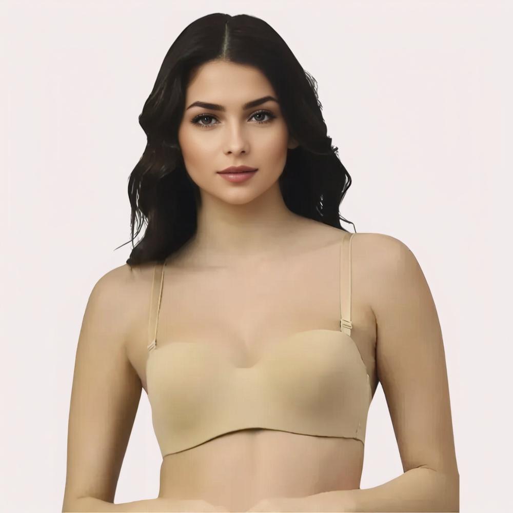 Woman wearing a beige bralette 
