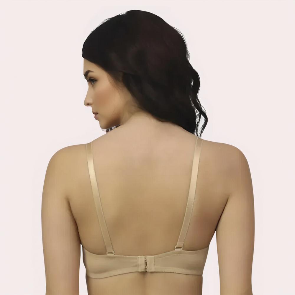 Woman wearing a beige bralette back side