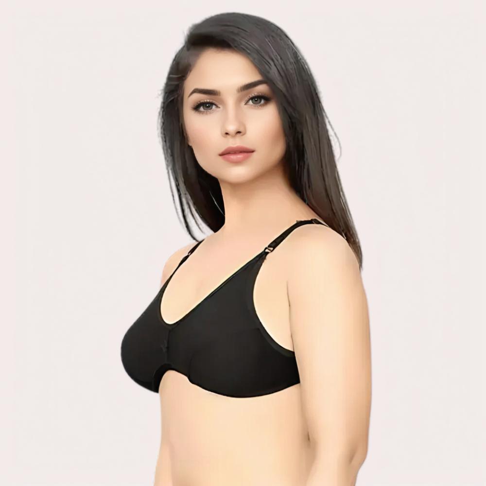 Woman wearing a black bra side view