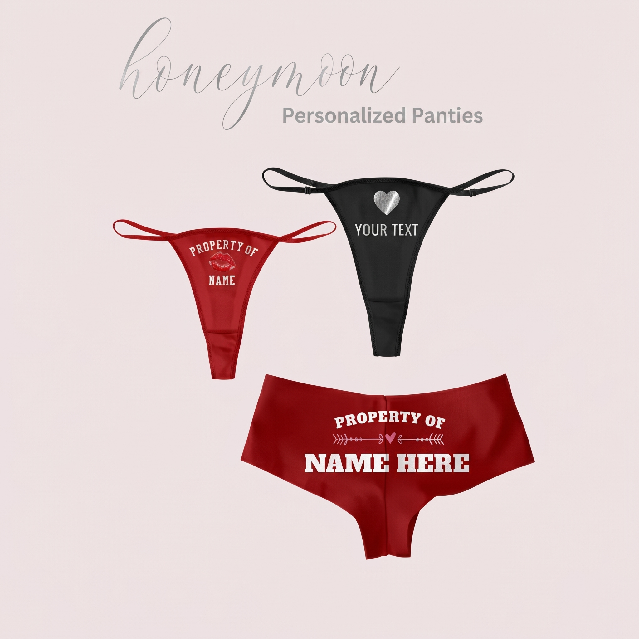 Personalized red and black lingerie set with customizable text on a light pink background.