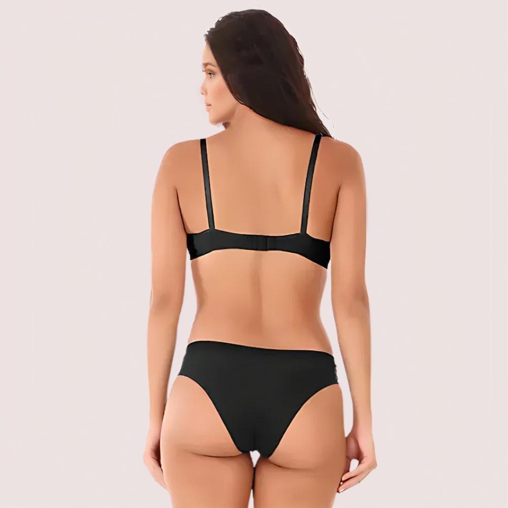 Woman wearing a black bikini set back side image