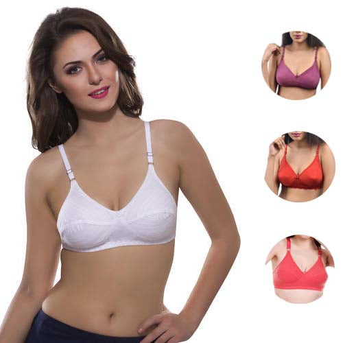 Woman wearing a white bra with inset images of other bras in different colors.