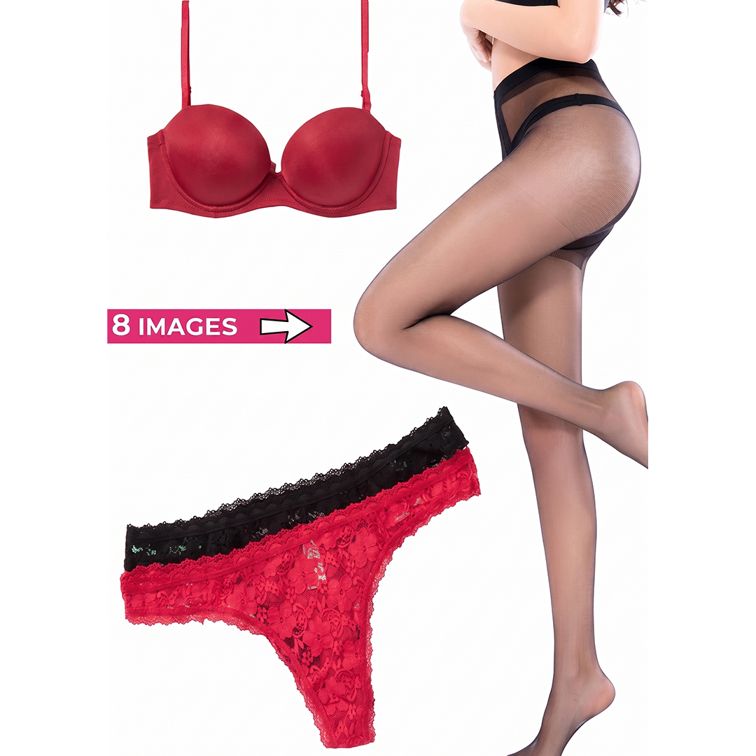 Red lingerie set with a strapless bra and lace thong on a white background.