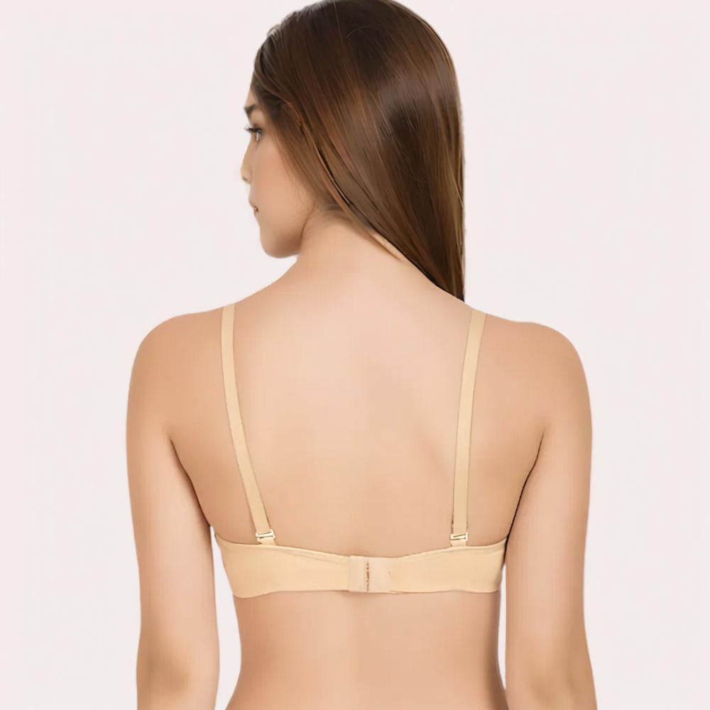 Woman wearing a beige bra back side