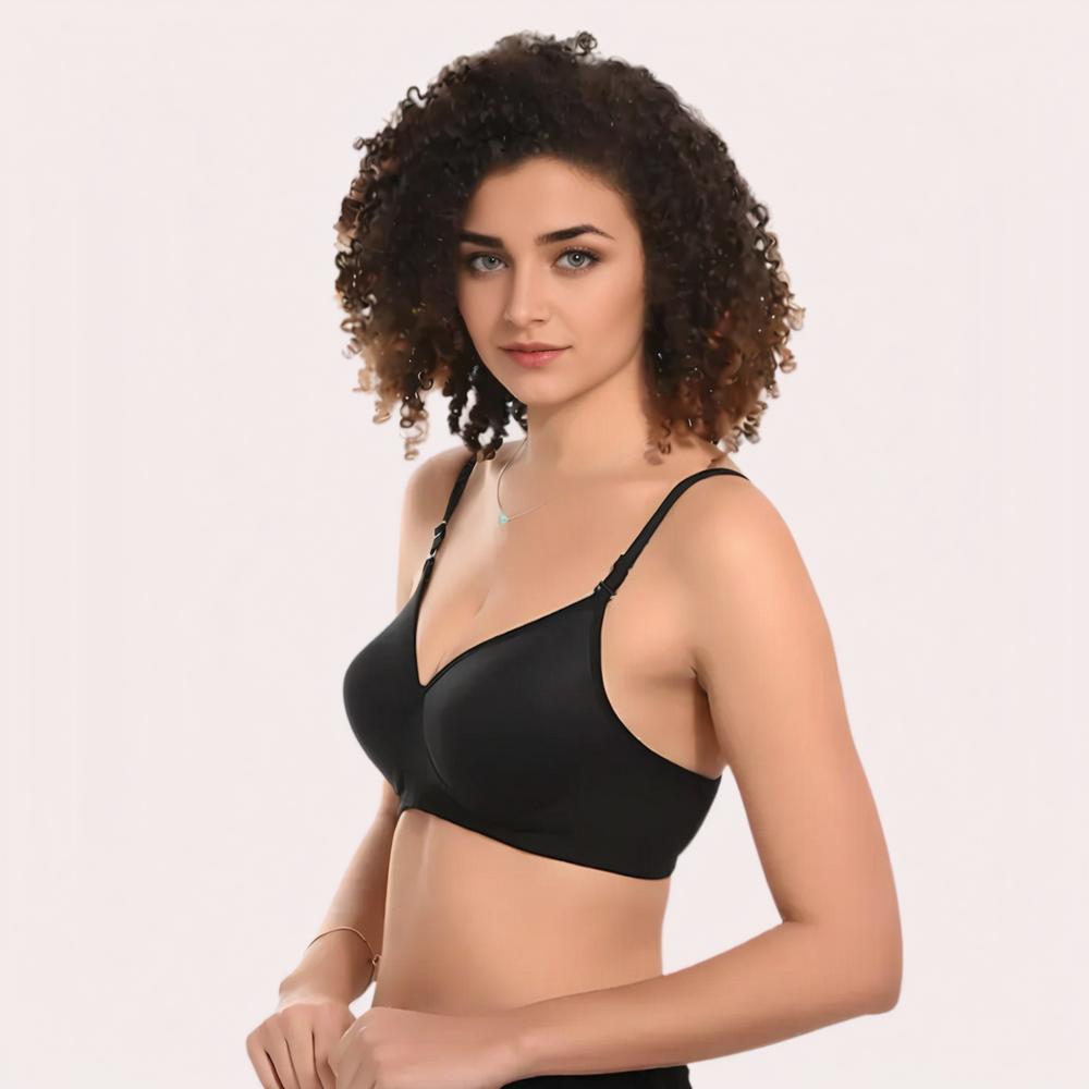 Woman wearing a black bralette side view
