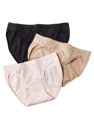 Three pairs of women's underwear in black, beige, and pink on a white background