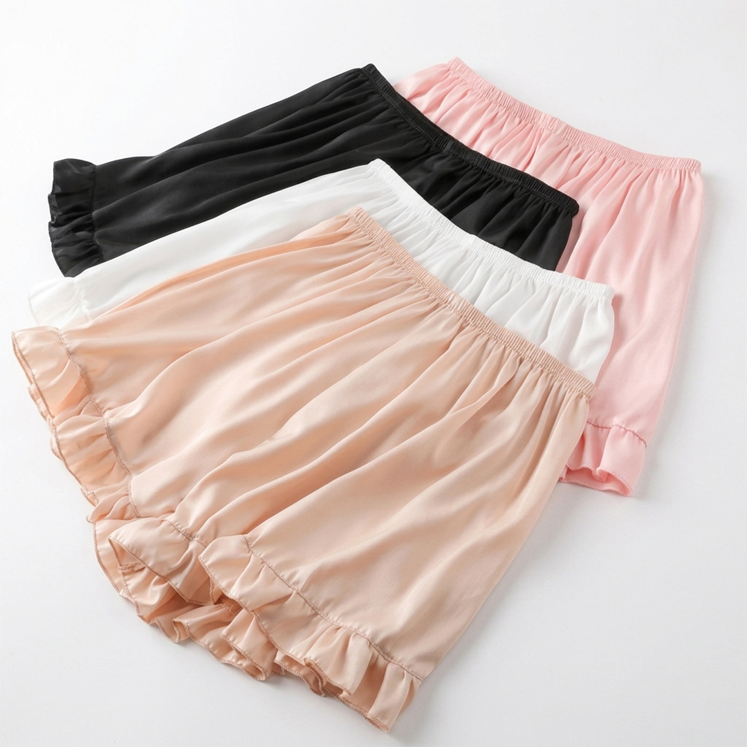 Women ruffles satin faux silk French underwear featuring soft silky fabric and elegant comfortable styling for women