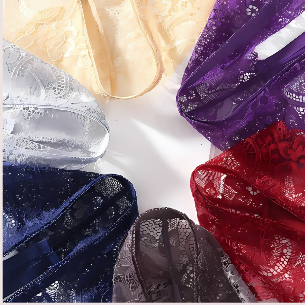 Collection of colorful lace fabric swatches in various colors.