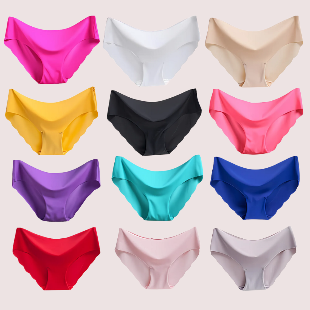 Collection of colorful underwear in various colors on a beige background