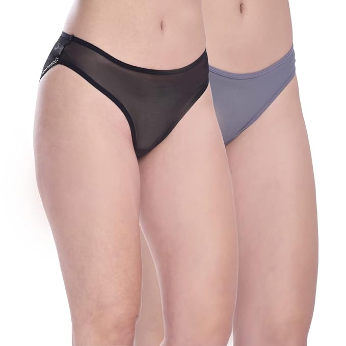 Two pairs of sheer black and gray underwear on a white background