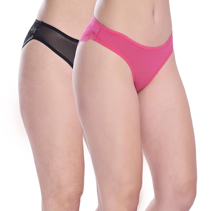 Two pairs of underwear, one black and one pink, on a white background.